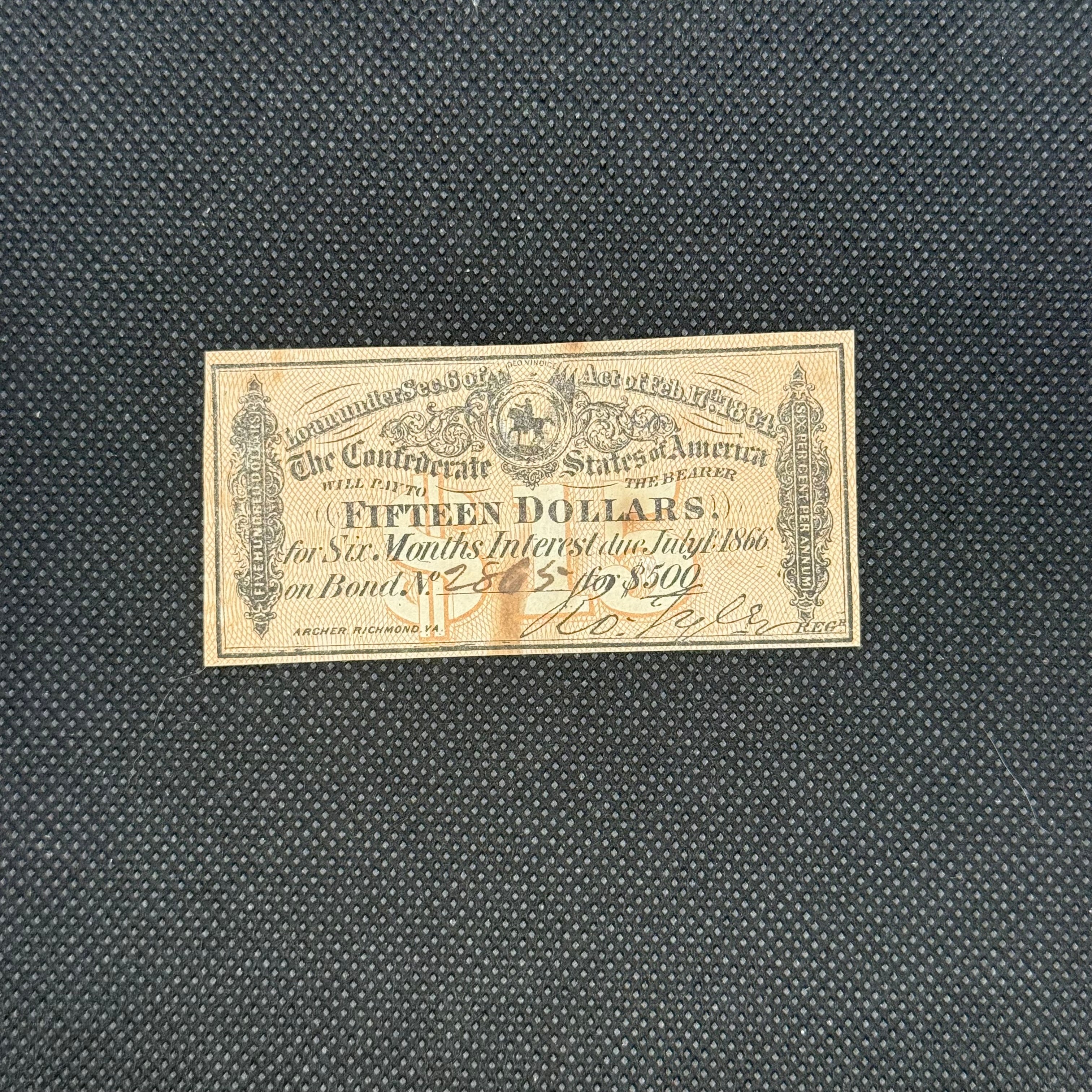 1864 Confederate $15 bond interest coupon front