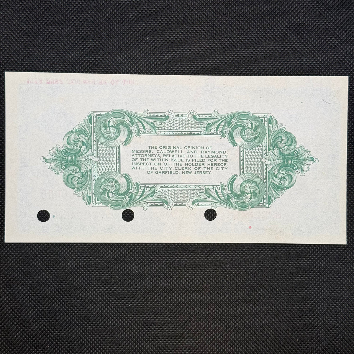 1933 Garfield NJ $25 Tax Anticipation Note specimen back