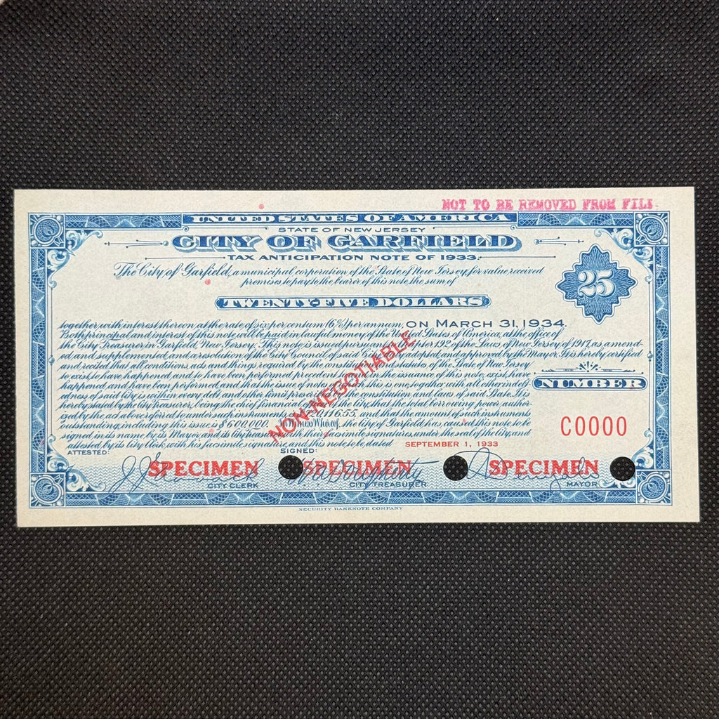 1933 Garfield NJ $25 Tax Anticipation Note specimen front