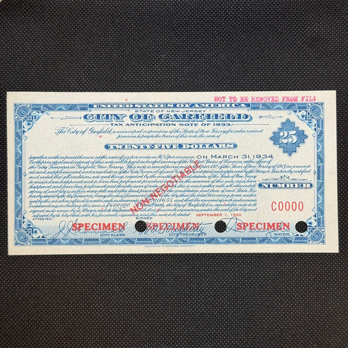 1933 Garfield NJ $25 Tax Anticipation Note specimen front