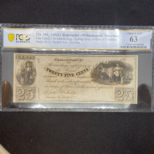 1842 Williamsport MD 25 cent remainder PCGS 63 front