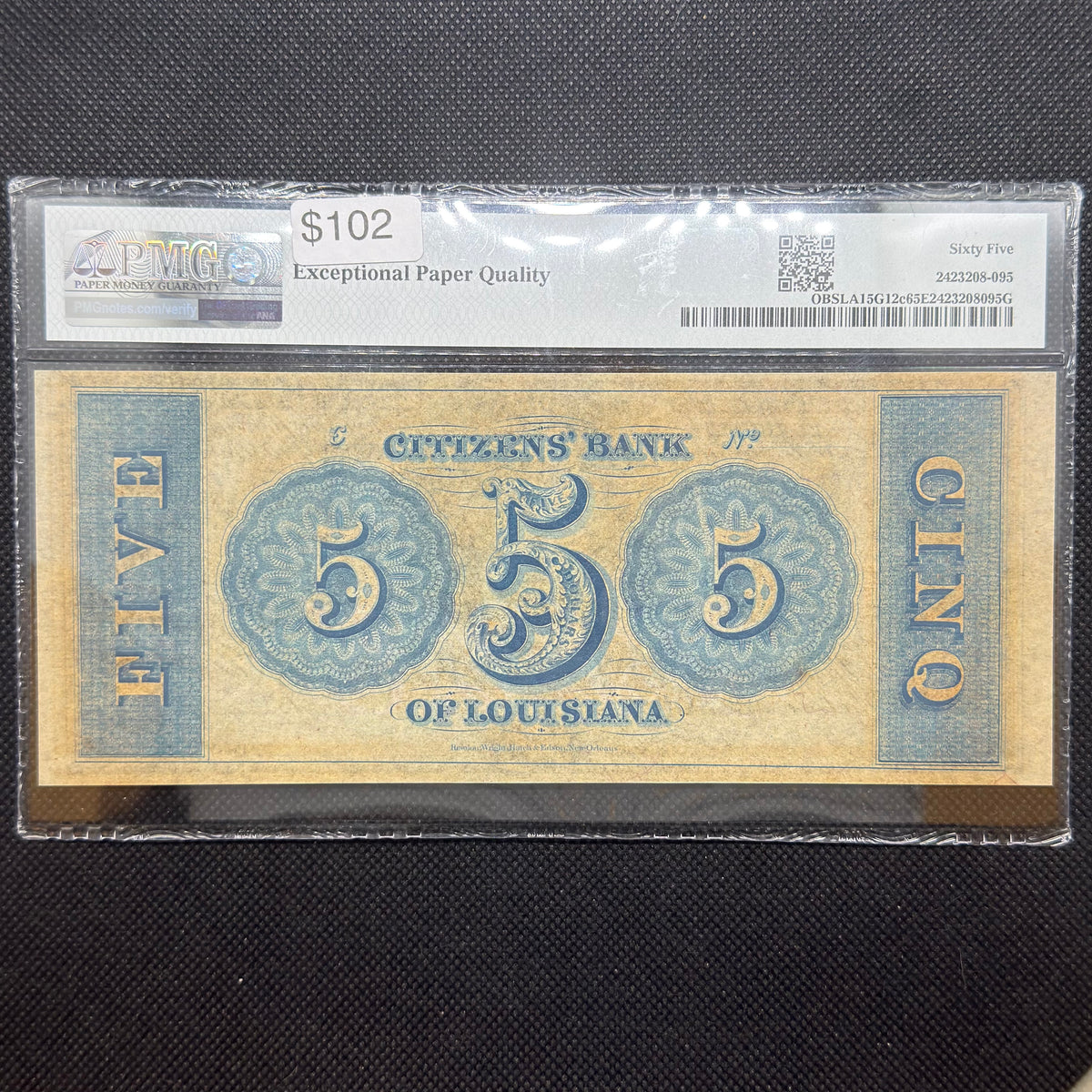 1850s $5 Citizens Bank of Louisiana PMG 65 EPQ back