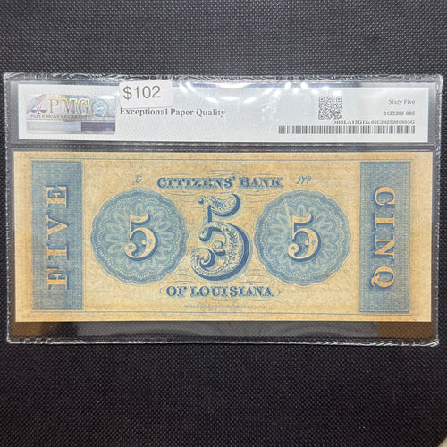 1850s $5 Citizens Bank of Louisiana PMG 65 EPQ back