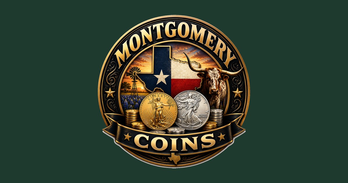 Montgomery Coins emblem — Texas flag, longhorn, and silver and gold coins on dealer-felt green