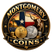 Montgomery Coins badge logo — Texas flag, longhorn, gold and silver eagles
